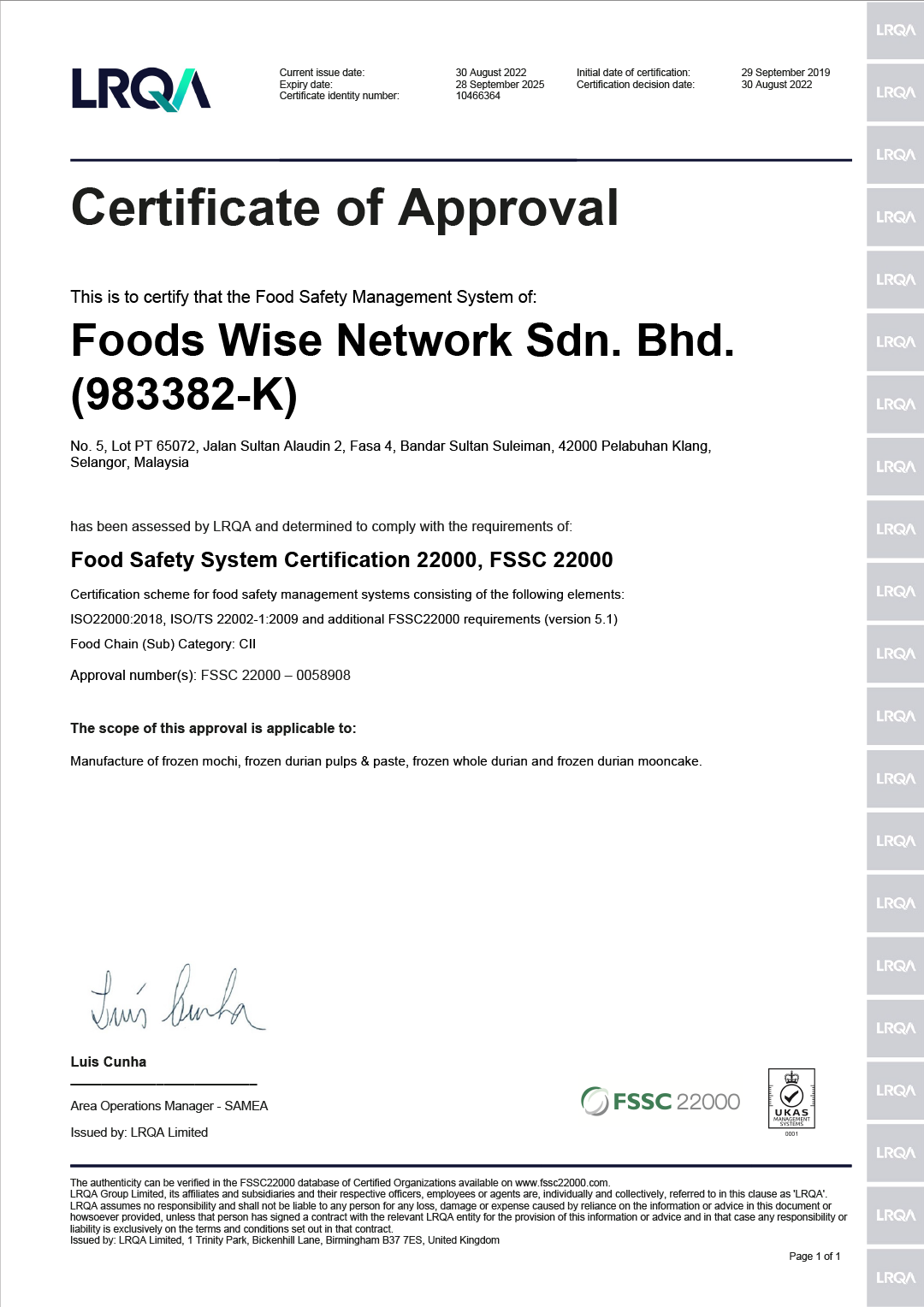 Durian FSSC 22000 Certificate